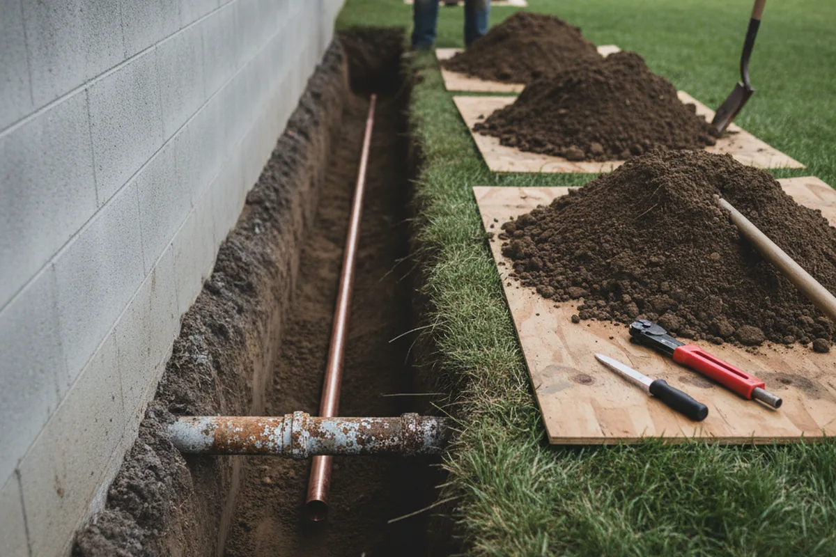 Excavated water line trench during Water Softener Installation in Lockhart